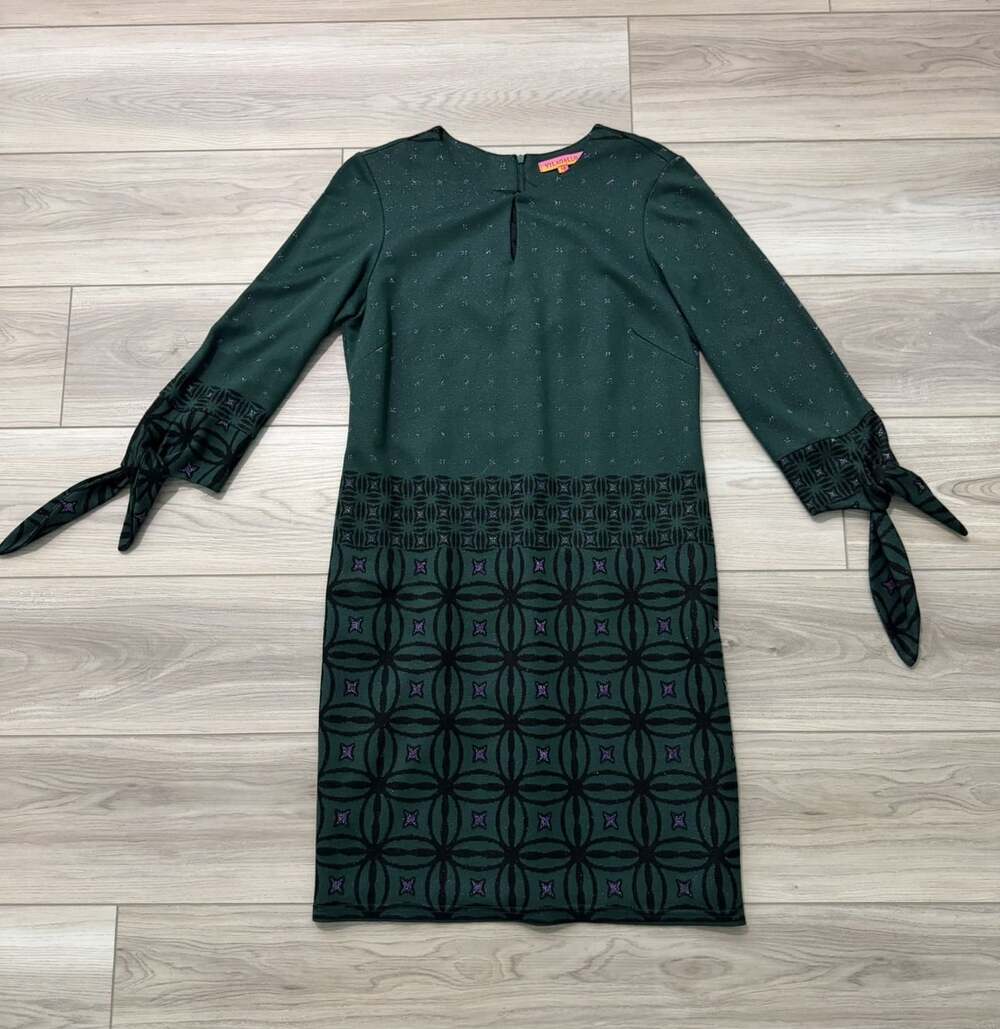 Vilagallo Green Jacquard Knit Shift Dress Metallic Tie Cuff Sleeves EU 40 US 8